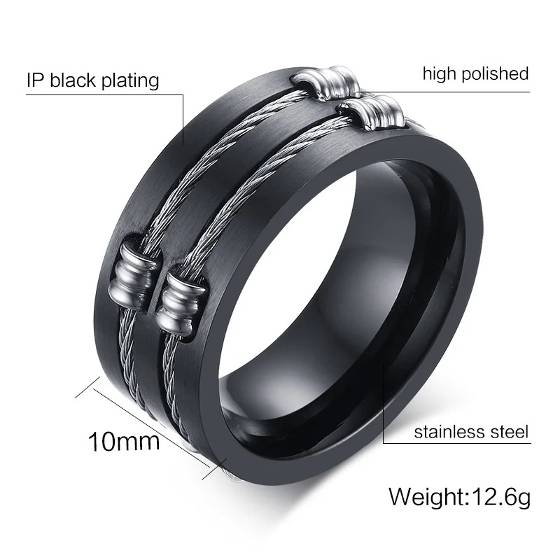 Vnox Для мужчин черный кольцо Нержавеющая сталь Прохладный Провода Кольца для в