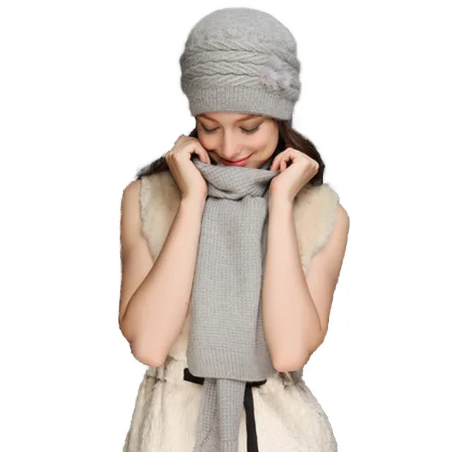 Gray Cap And Scarf FS Зимняя шерстяная вязаная шапка, шапочка, шарф, комплект для женщин, вязаные шапочки-шапочки, коричневые, Серые меховые шапки с помпоном, капот Foulard Femme - Цвет: Gray Cap And Scarf