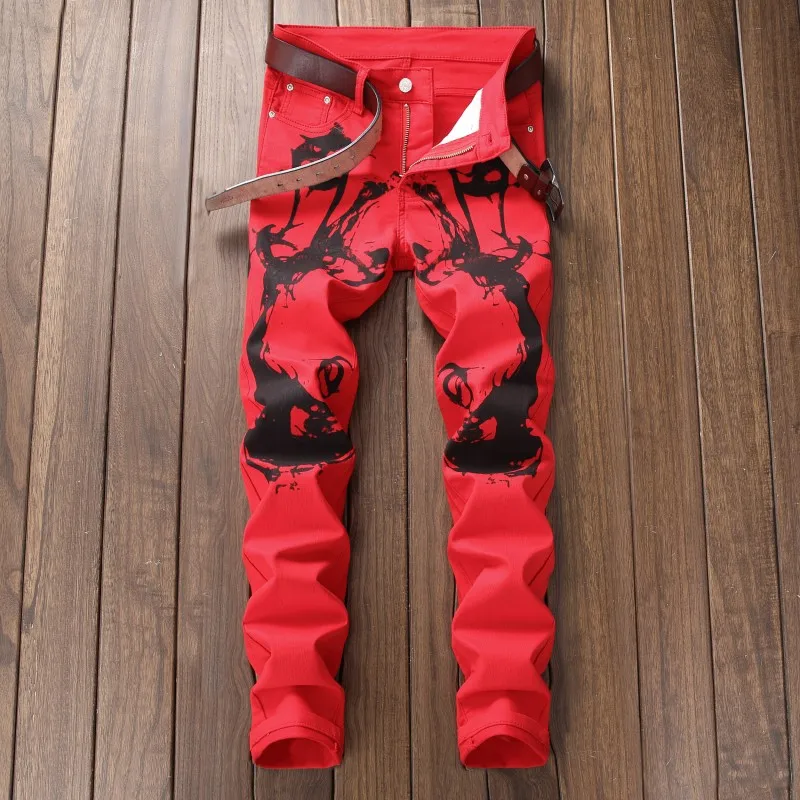 Новые модные мужские облегающие черные и красные джинсы с принтом микро