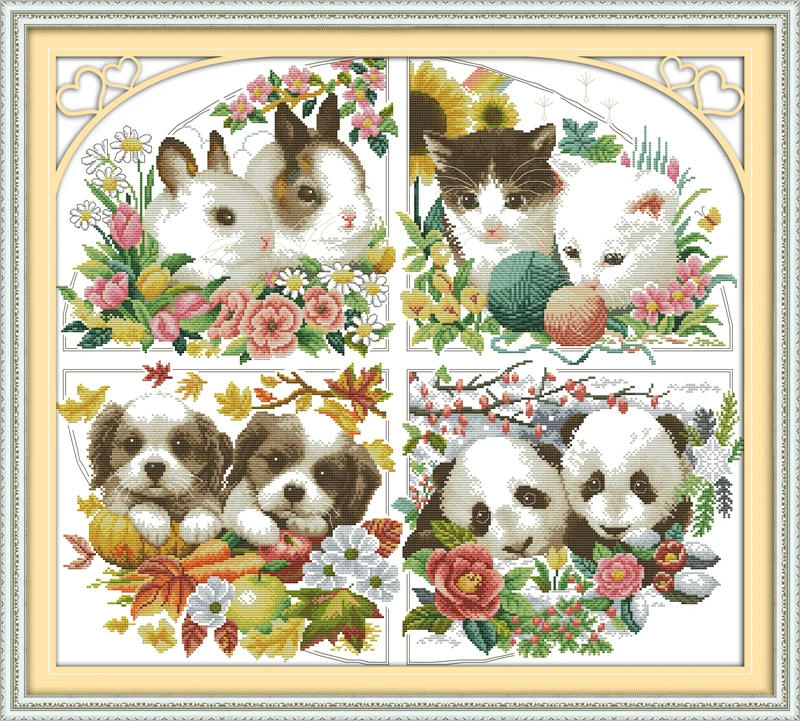 

Four seasons animal cross stitch kit 14ct 11ct stamped canvas cross stitching animal lover embroidery DIY handmade needlework