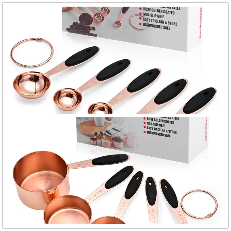 Cup Spoon Set Мерный стакан из нержавеющей стали, покрытый медью, розовое золото, кухонные аксессуары, барменная ложка для выпечки, набор инструментов для приготовления пищи - Цвет: Cup Spoon Set