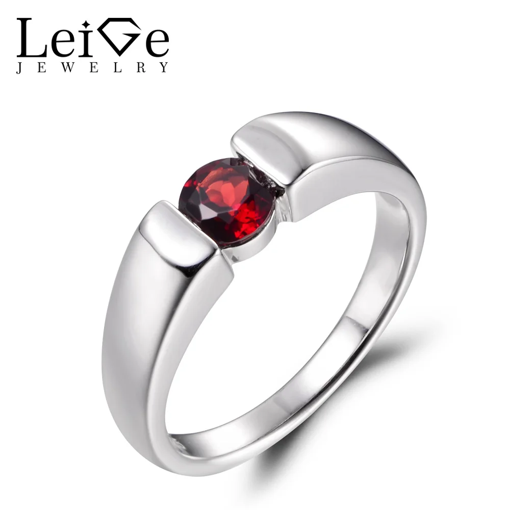 

LeiGe Jewelry Unique Promise Rings Natural Garnet Rings January Birthstone Round Cut Red Gems Ring 925 Sterling Silver for Women