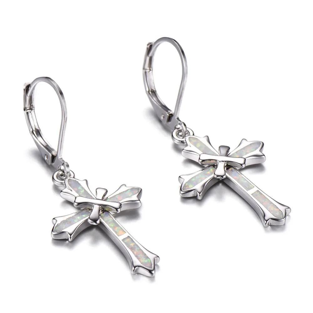 23MM Statement Charm 925 Sterling Silver Clip Earrings Luxury White/Blue Fire Opal Cross Earrings For Women Jewelry Gifts