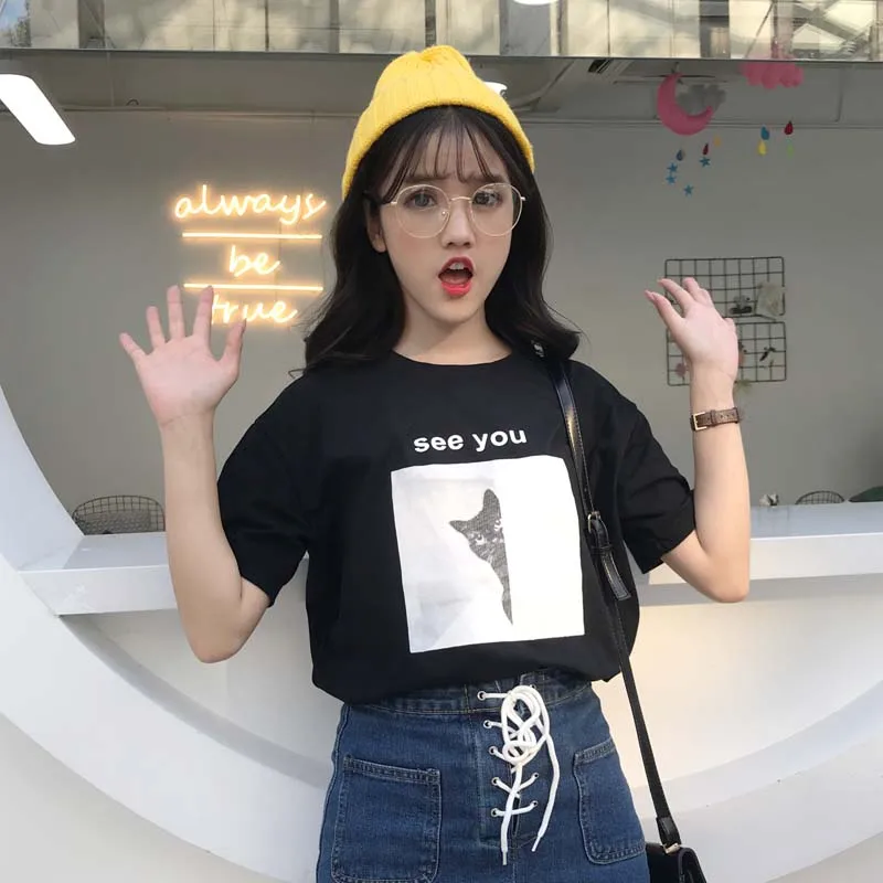 Лето 2021 женская футболка YouGeMan топ в Корейском стиле Harajuku Ulzzang с мультяшным