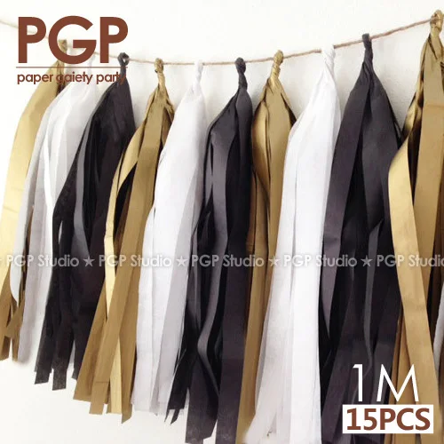 [PGP] 100 см черно-белая и золотая тканевая гирлянда с кисточками девичник/девичник