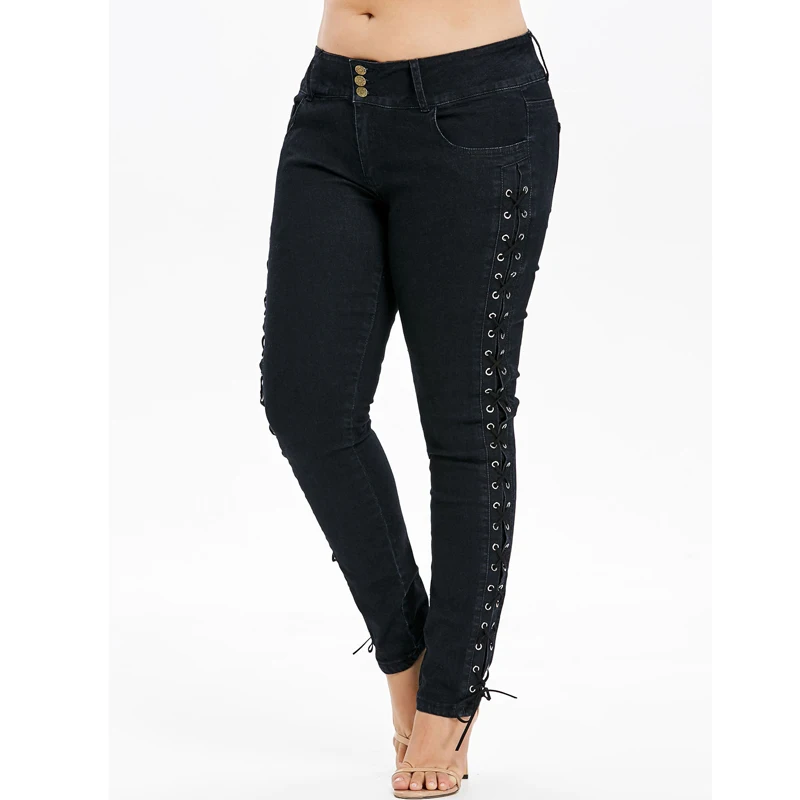 SexeMara узкие середине талии карандаш брюки джинсы по бокам Criss Cross Soild Chic