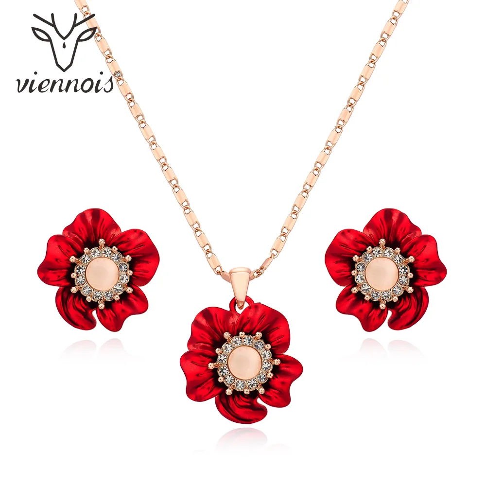 

Viennois Dubai Jewelry Sets for Women Cubic Zirconia Red Enamel Flower Necklace and Earrings Jewelry Set Indian Wedding Gifts