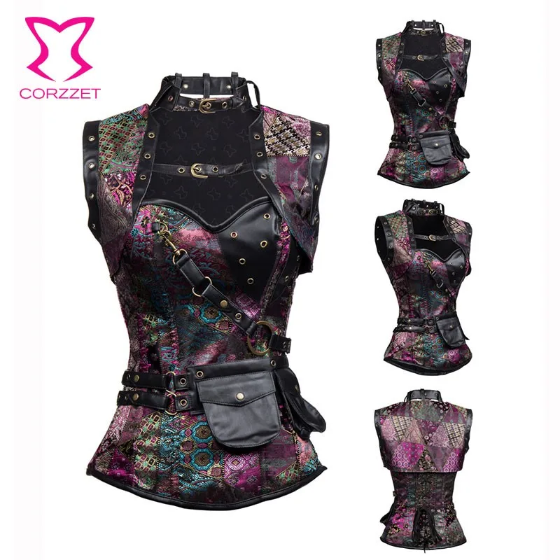 Фиолетовый парчовый Готический Корсеты и бюстье корсет в стиле стимпанк размера
