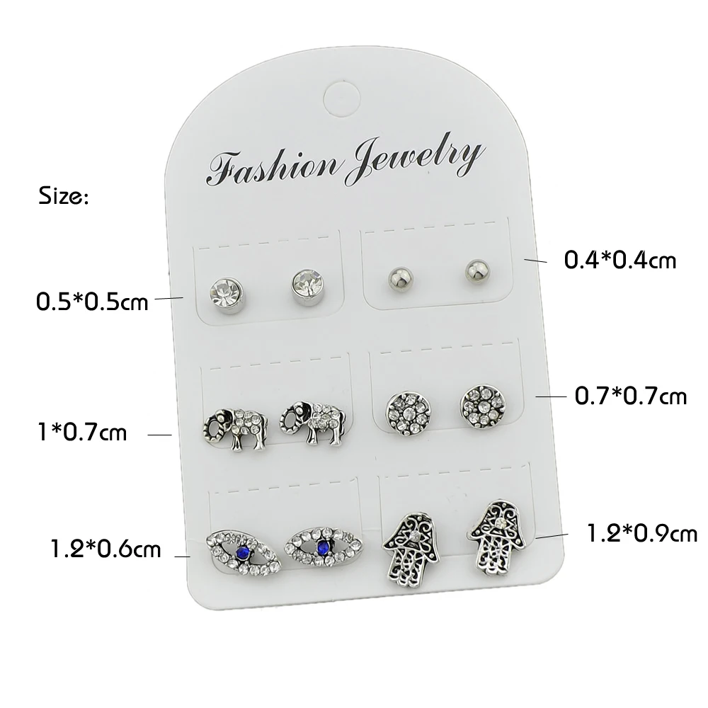 6 пар/компл. Rhinestone Золотая Цвет серебро слон руку рисунком глаз Серьги гвоздики