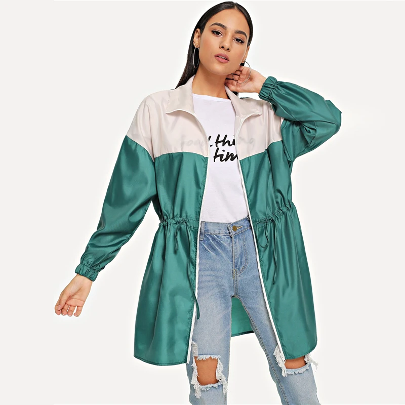 SHEIN, плащ-дождевик на молнии, с завязками, цвет, длинный жакет, Женская Осенняя сатиновая Повседневная Уличная верхняя одежда с длинным рукавом, пальто