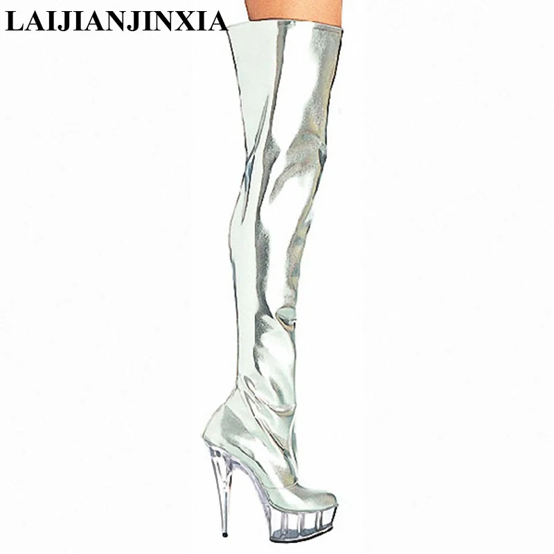 LAIJIANJINXIA Silver Night Club Party Queen Boots Over The Knee High Heels Women Boots Sexy Thin Heels Shoes Dance Shoes A-036