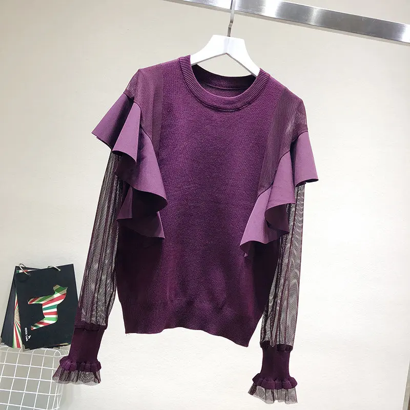 MAXDIROO Women Sexy Lace Ruffles Patchwork Pullover And Sweater Female Fashion Jumper Top Sueter Mujer See Through Sleeve | Женская