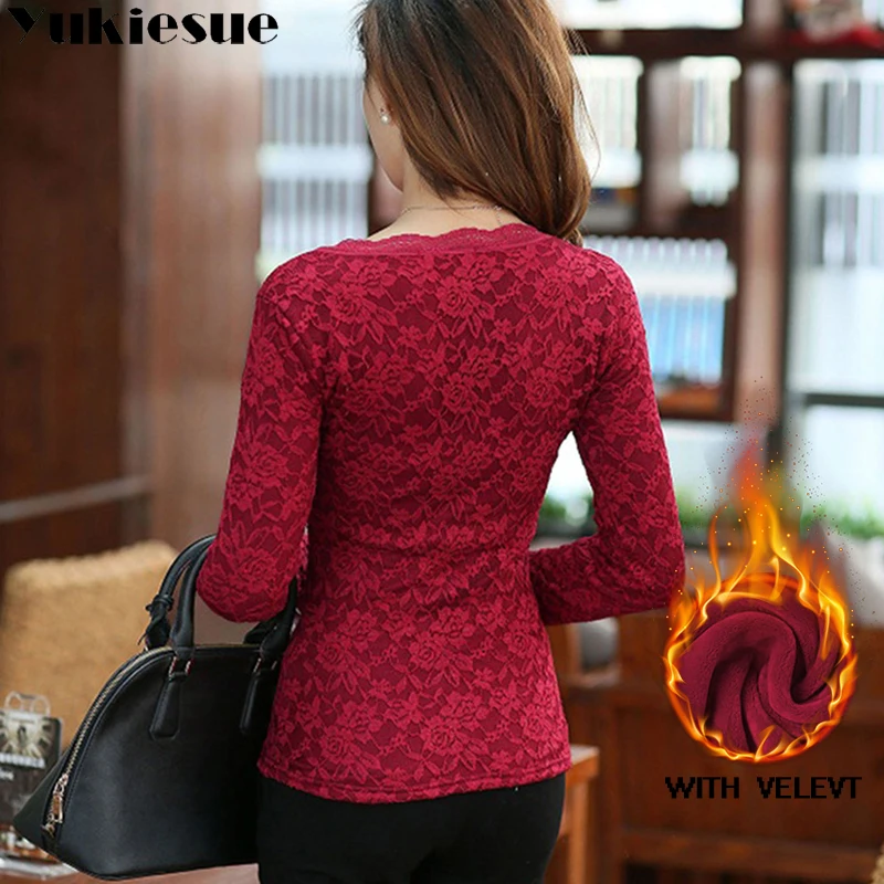Пикантная белая кружевная блузка рубашка женские топы элегантная Зимняя Теплая