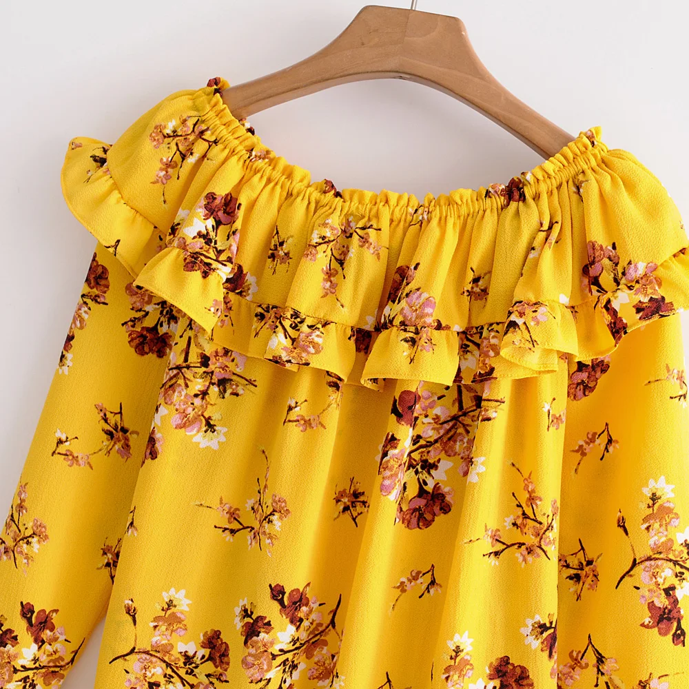 Womens Elegant Flower Print Chiffon Top Sexy Slash Neck Splicing Ruffled Trumpet Long Sleeve 2018 New Summer Beach Blouse |