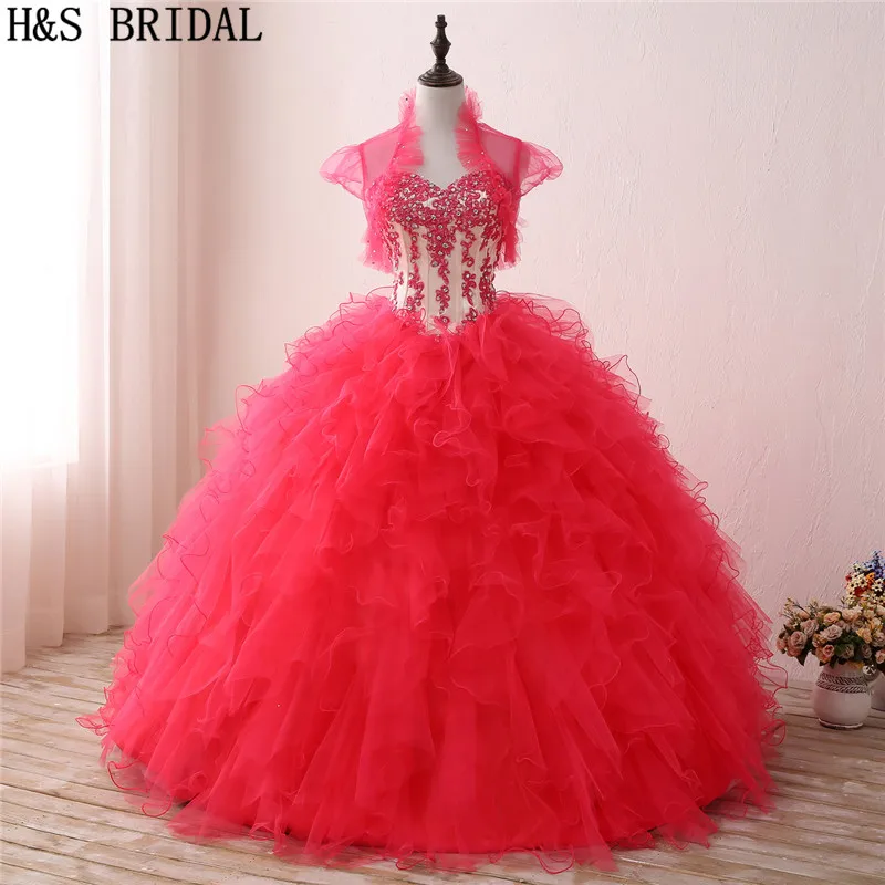

H&S BRIDAL Red Ball Gown Quinceanera Dresses With Jacket Sweetheart Beading Lace Sweet 15 Debutante Girls Masquerade Prom Dress