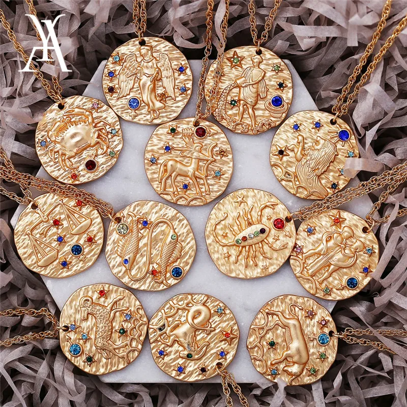 Женское ожерелье с подвеской в виде знака зодиака золотого цвета гравировкой