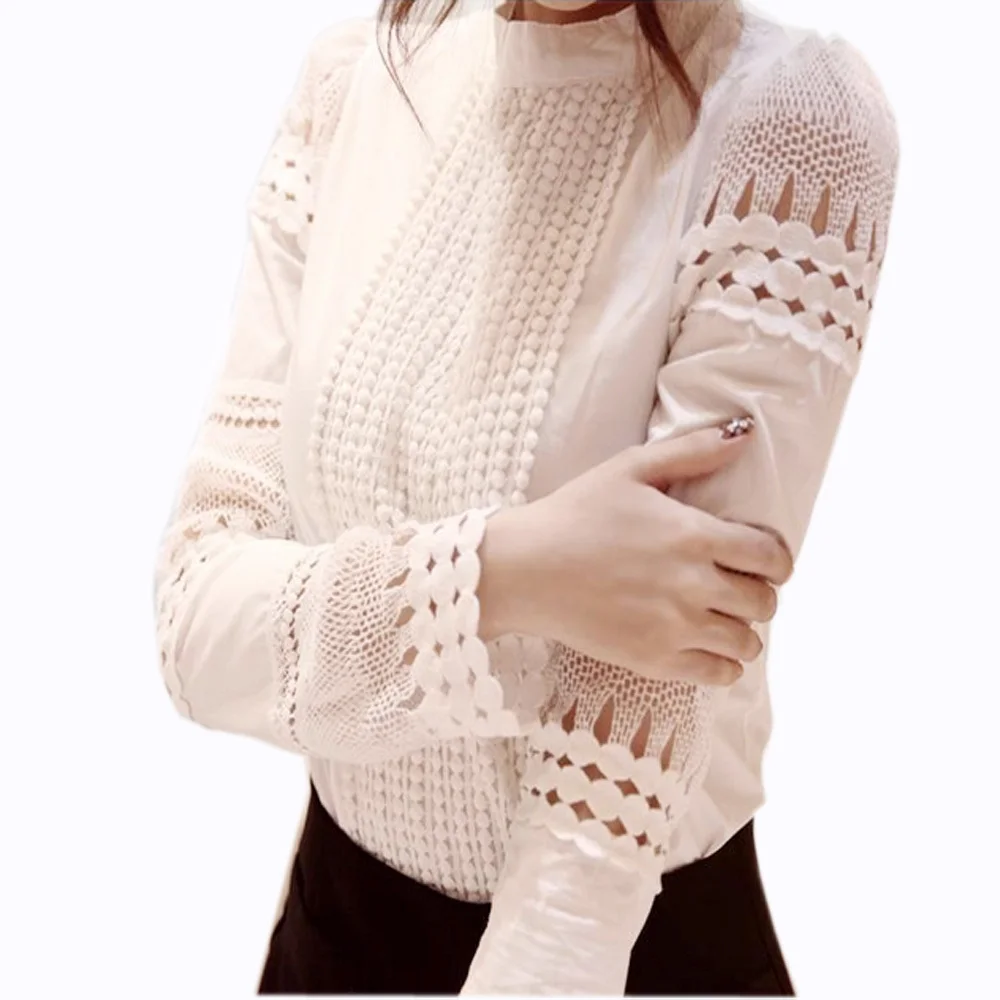 2018 Autumn Women's Shirts White Long-sleeve Blouses Slim Basic Tops Hollow Lace Female High Quality Plus Size S-5XL |