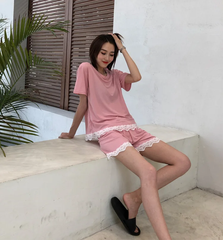 pink Daeyard хлопчатобумажный пижамный комплект, женское сексуальное белье, рубашка с коротким рукавом и шорты с кружевной отделкой, мягкая Пижама, повседневная домашняя одежда - Цвет: pink