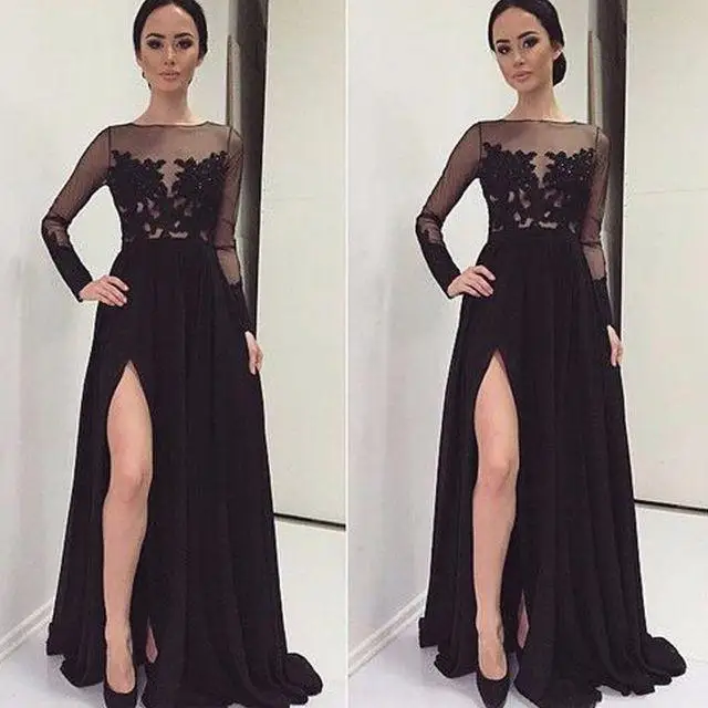same as the photo Черный халат De Soiree трапециевидной формы с длинными рукавами шифоновые аппликации с разрезом сексуальные длинные платья для выпускного вечера вечерние платья для выпускного вечера - Цвет: same as the photo