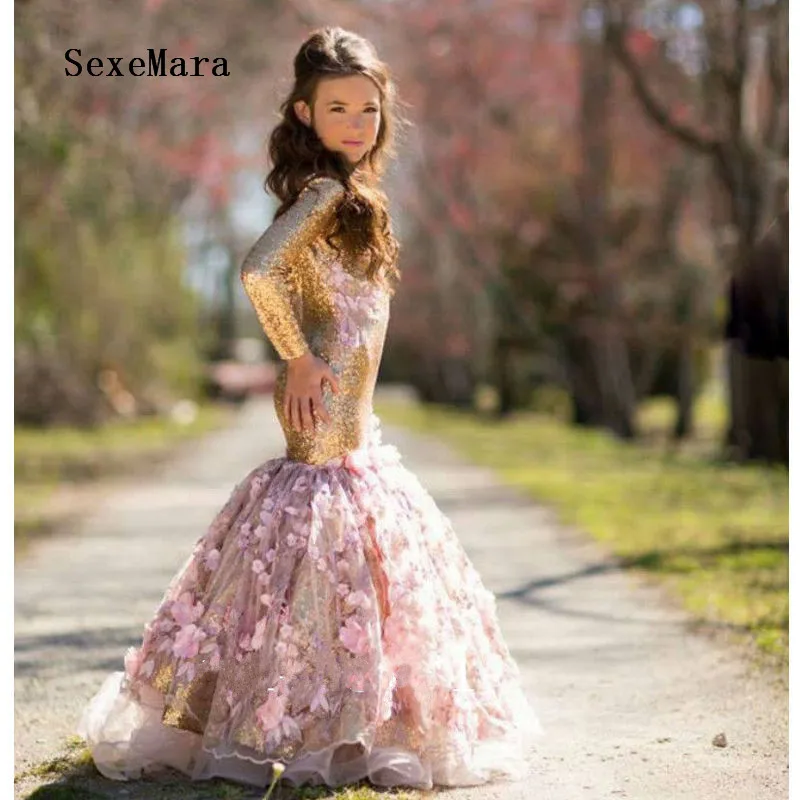 Блестящее розовое платье-Русалка для девочек с аппликацией из блесток и 3D