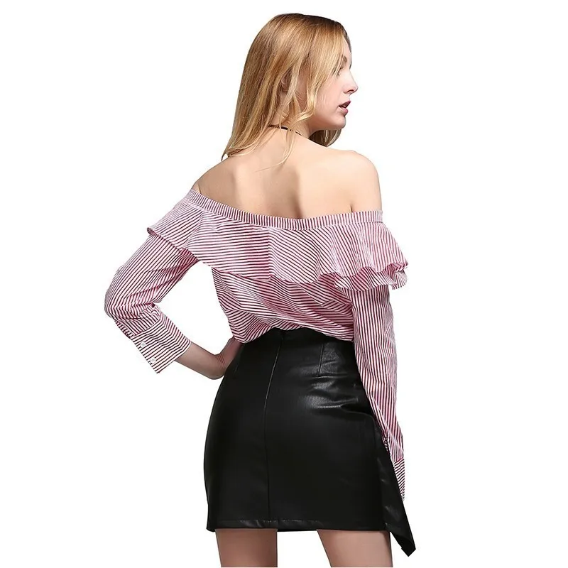 CHICEVER Summer T shirt For Women Striped Print Patchwork Ruffles Slash Neck Halter Loose Female Tops Clothing 2020 Fashion | Женская