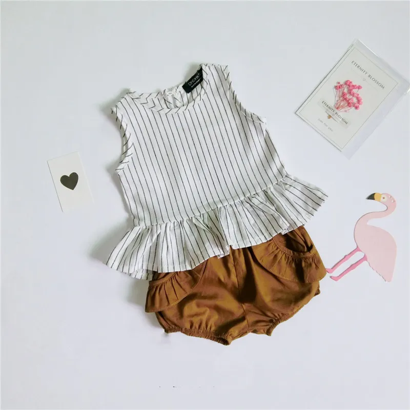 

3-4TSummer комплект для девочек, Vetement Garcon, из хлопка и льна с оборками в полоску, жилетка без рукавов + шорты, детское платье без рукавов одежда ком...