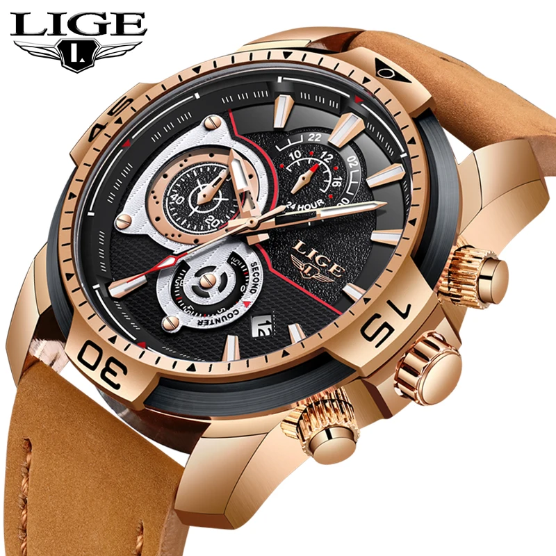 

LIGE Mens Watches Top Brand Luxury Military Sport Watch Men Waterproof Leather Wristwatch Analog Quartz Watch Relogio Masculino