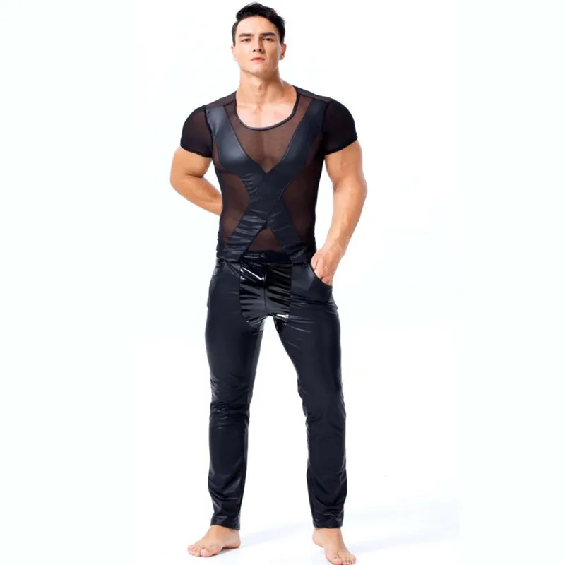 MenFaux Leather Tops Latex Catsuit Masquerade Super man Cosplay Halloween Party Dress Men Zentai Gay Fetish Wear Z6027