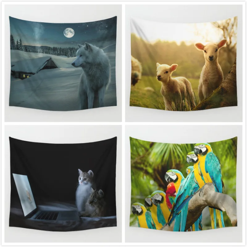 Europe Animal Print Wall Hanging Tapestry Wolf Cat Bear Cloth Bed Room Decoration Yoga Shawl Beach Towel Summer Travel G75 | Дом и сад