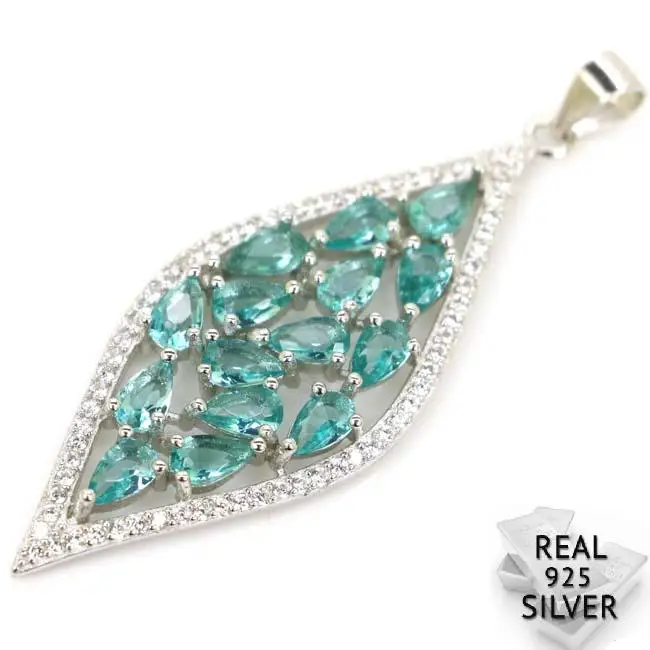 

Guaranteed Real 925 Solid Sterling Silver 4.2g Ravishing Rich Blue Aquamarine CZ Woman's Pendant 50x17mm