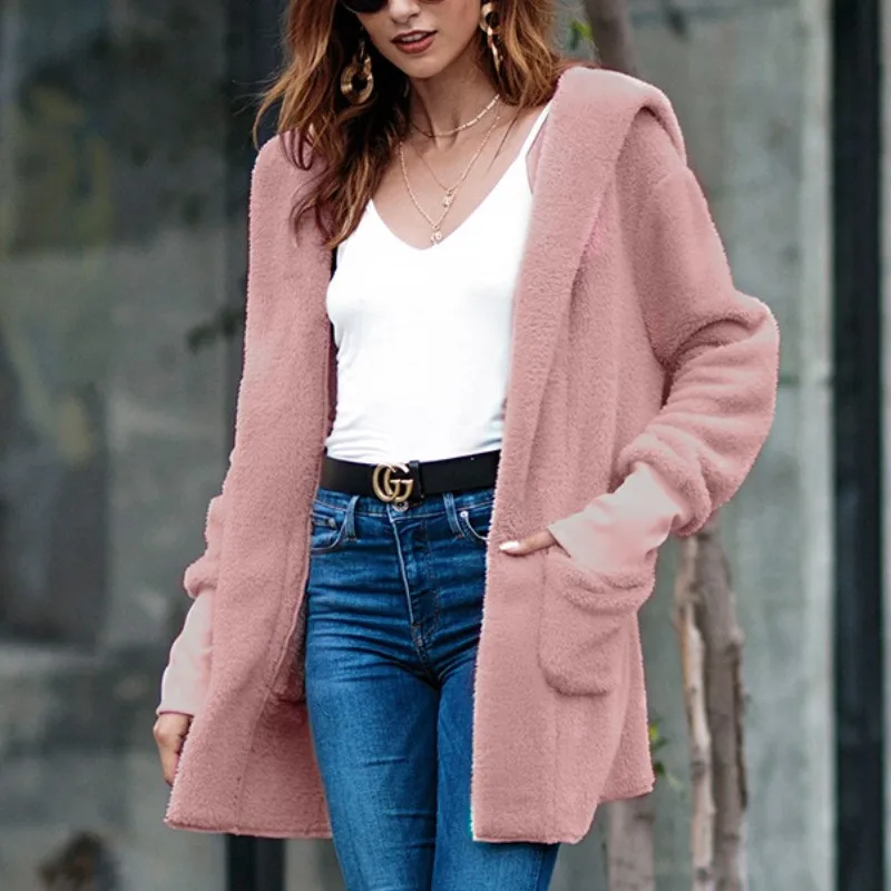 

YSMARKET Hooded Faux Fur Woolen Coat Fluffy Thicken Warm Loose Female Casual Jacket Coats Autumn Winter Cardigans Outerwear