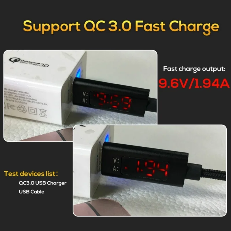 QC 3 0 Быстрая зарядка напряжение и ток дисплей нейлоновый Плетеный USB C кабель для