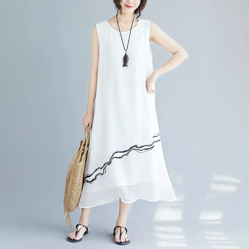 NYFS 2021 Korea New Summer dress Hem embroidery Woman Dress Loose Long Vestidos Robe Large size sleeveless Vest Dresses | Женская одежда