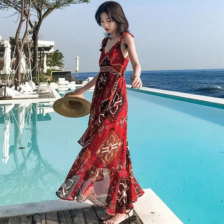 Spaghetti Strap V Neck Boho Maxi Woman Dress Empire Loose Sexy Vintage Beach Dresses Sleeveless Floral Printed Party Vestido | Женская