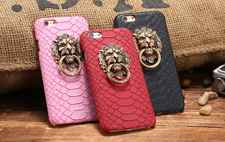 Hard Case with Metal Retro Lion Ring Holder for Iphone X 8 10 5 5s SE 6 6s 7 Plus Snake Leather Print PC Cover Stand Phone Coque |