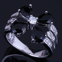 brilliant flower black cubic zirconia white cz silver plated ring v0429