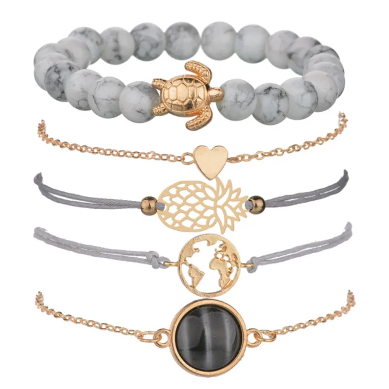 

WWLB Bohemian Turtle Pineapple Heart Map Charm Bracelets Bangles For Women Fashion Beads Strand Bracelets Sets Jewelry Gifts