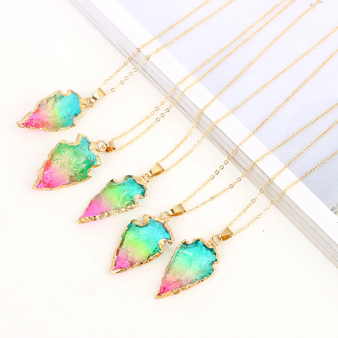 Random Arrowhead Shape Colorful Nature Stone Gold Chain Necklace for Women Fashion Jewelry | Украшения и аксессуары