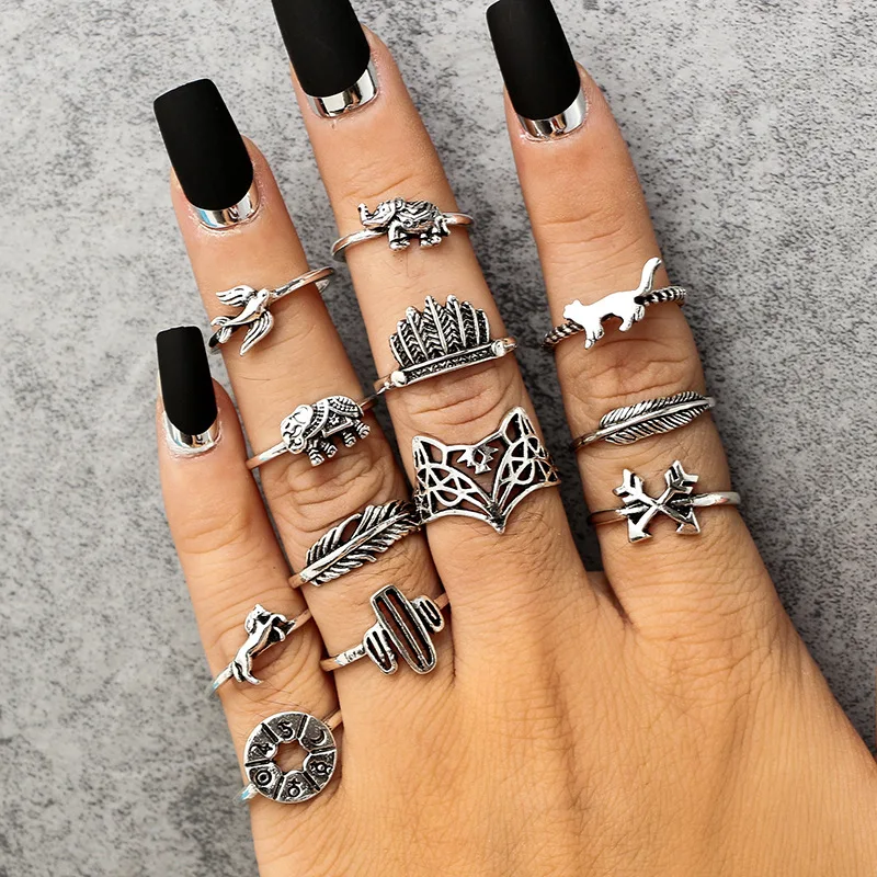Vintage Knuckle Finger Ring Set For Women Fox Elephant Horse Heart Crown Rings Boho Jewelry 12 PCS/Lot | Украшения и аксессуары