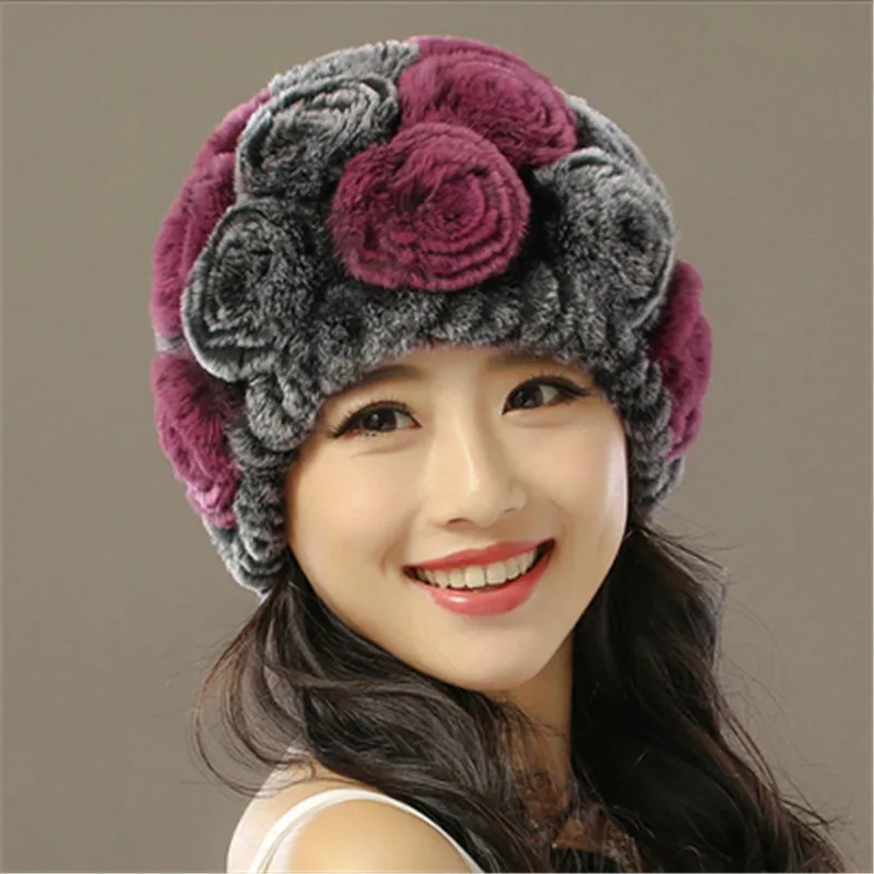 Шапка из меха кролика рекс пятилетняя утепленная вязаная зимняя купольная шапка