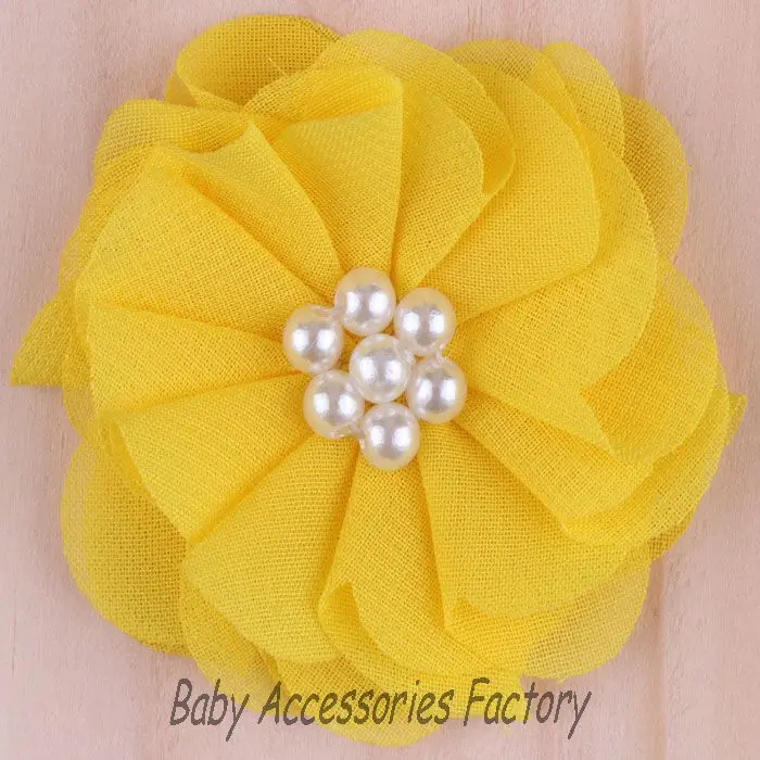 (120 шт./лот) Модные шифоновые цветы из ткани с шикарным жемчужным центром для детей