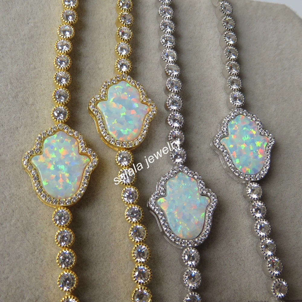 5pcs/lot OP17 White 925 Sterling Silver Synthetic Hamsa &ampHand Fire Opal Bracelet with AAA Cubic Zirconia | Украшения и