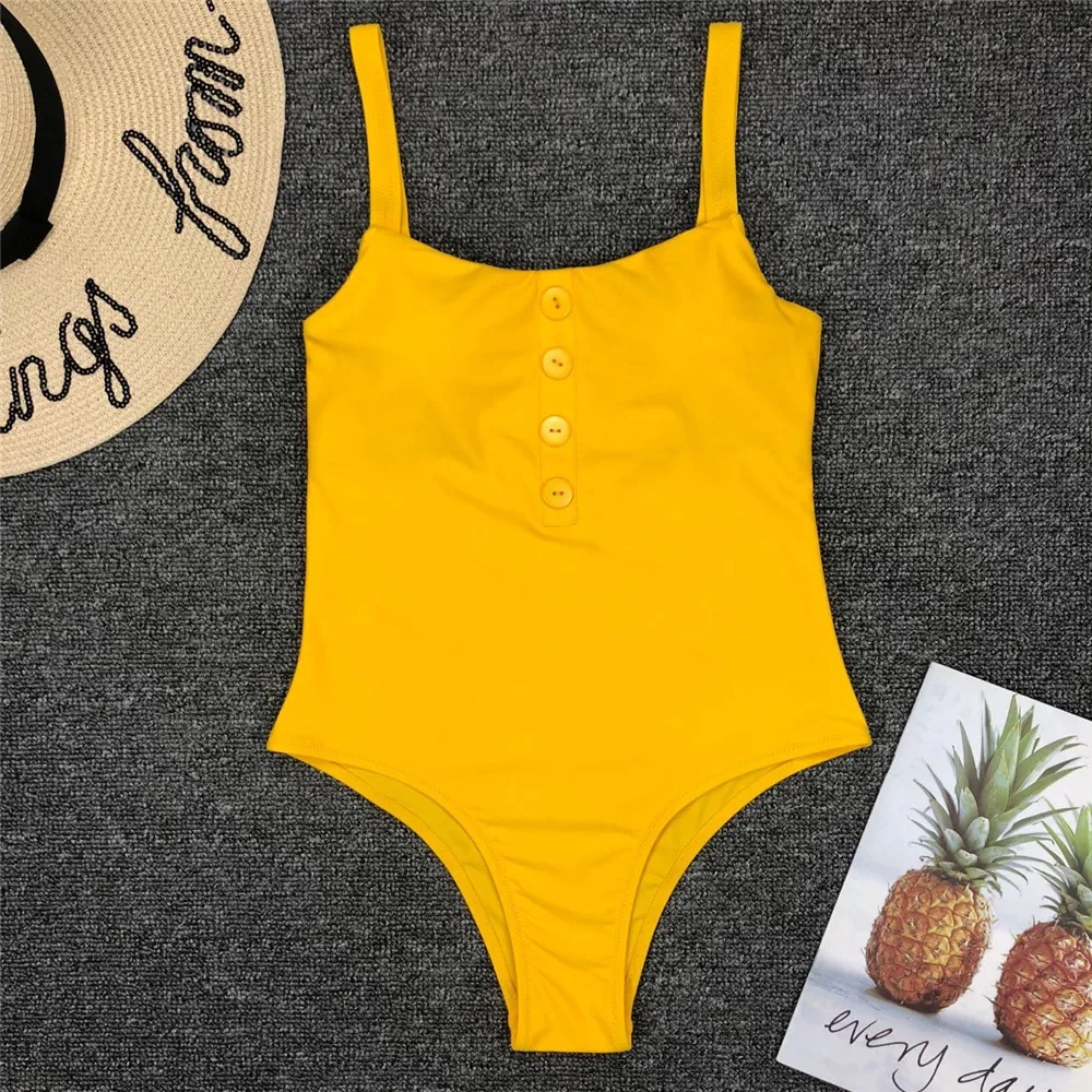 Цельный купальник 2019 желтый на пуговицах Монокини женский купальный костюм De Bain