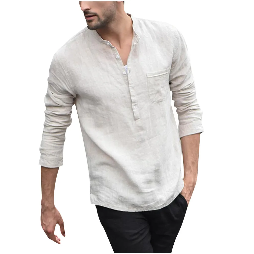 Camisa masculina Мужская винтажная однотонная льняная Однотонная рубашка с длинными рукавами, ретро Рубашки, Топы, блузка - Цвет: Белый