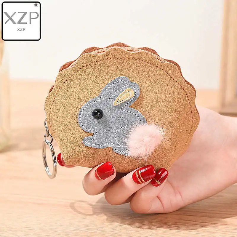 Хаки XZP милый мультяшный кролик из матовой кожи с помпоном, кошелек для монет, держатель для ключей для карт, Женский мини-кошелек на молнии, маленькие сумки для девушек и детей, подарки - Цвет: Хаки