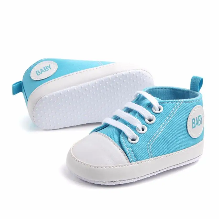Sky Blue Muqgew для малышей; для новорожденных, младенцев, для маленьких мальчиков и девочек Однотонные парусиновые анти-скольжения Мягкая обувь тапки модный патч хлопковая обувь для малышей - Цвет: Sky Blue