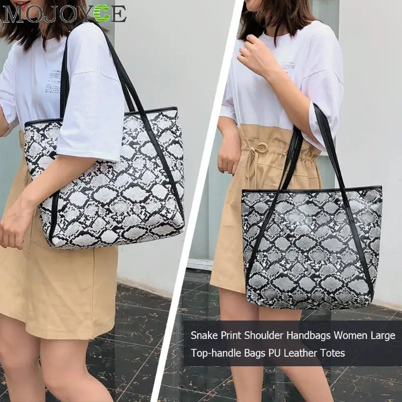 Ladies Fashion Female Big Snake Print Shoulder Handbags Women Large Capacity Top-handle Bags Casual Shopping PU Leather Totes