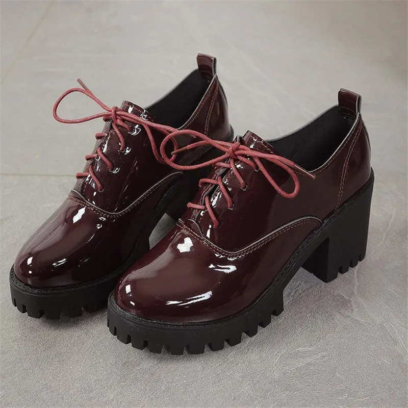 

Round Toe Lace Up Women Patent Leather low heel Oxford Shoes Woman Vintage Shoes For Ladies Autumn platform shoes Thick Heels