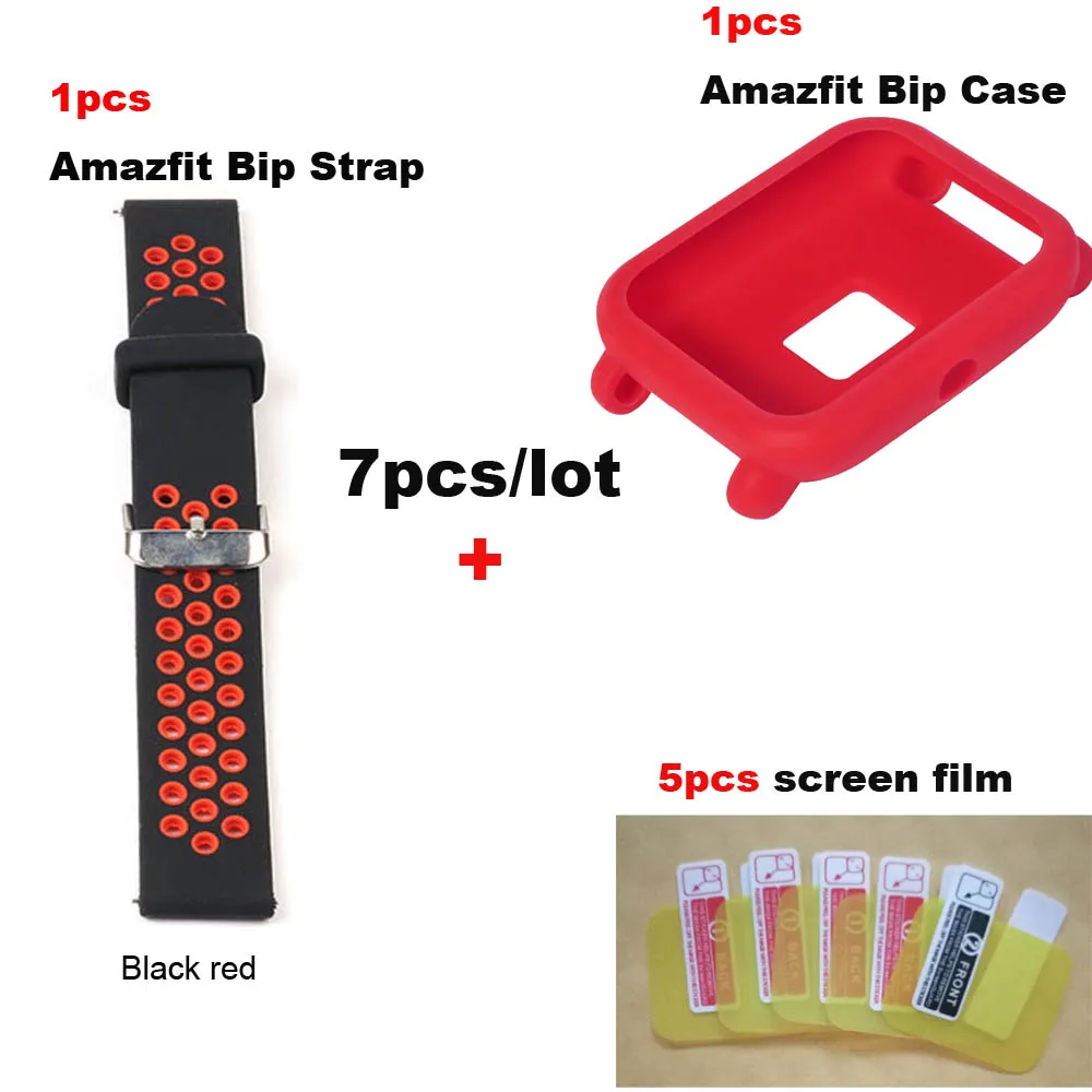 7/лот для Xiaomi Huami Amazfit Bip Bit Lite ремешок для часов 20 мм наручный браслет защита экрана Pantalla пленка защитный чехол - Цвет: Black Red-Red Case