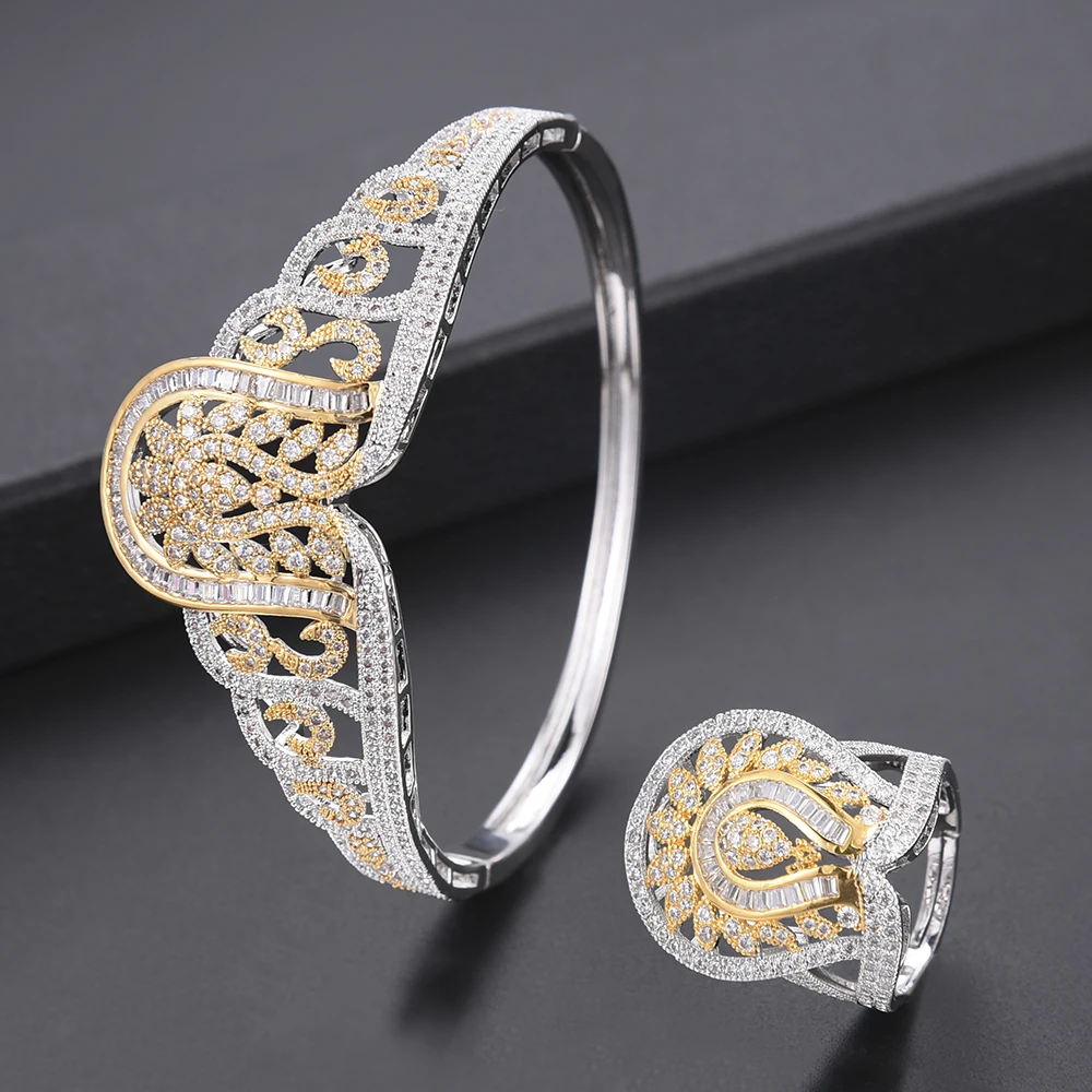 

4PCS Geometric african beads jewelry set wedding jewelry CZ Dubai Indian Necklace Earrings set Bangle Ring parure bijoux femme